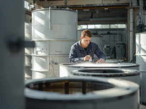 Technicien français travaillant sur un puits canadien Made in France, symbole d’innovation, de fiabilité et d’excellence énergétique.