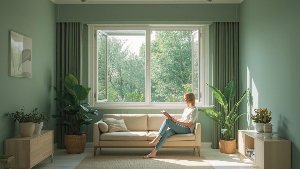 Salon lumineux et bien aéré illustrant la qualité de l’air intérieur et le confort thermique apportés par un puits canadien utilisant la géothermie passive